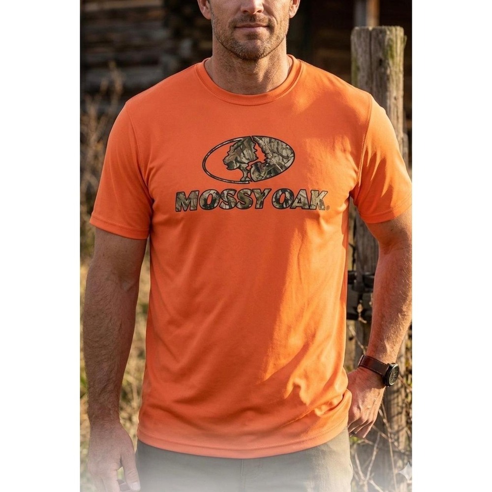 Mossy Oak Mens Blaze Orange Camo Logo Performance T-Shirt Size Medium Hunting